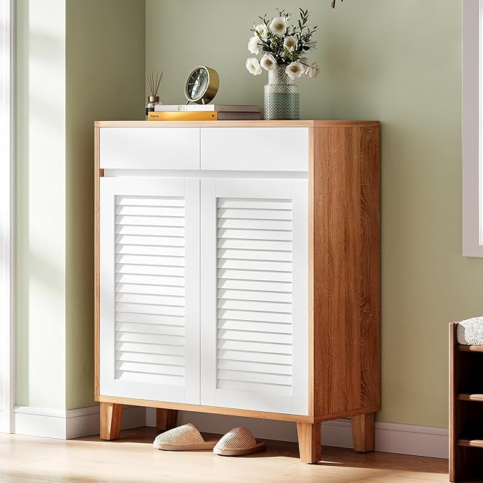 4-Tier Shoe Storage Cabinet with Drawer & Adjustable Shelves, Wooden Shoe Organizer Rack with Louvered Doors for Entryway, Hallway, Closet, Living Room(White/Brown)