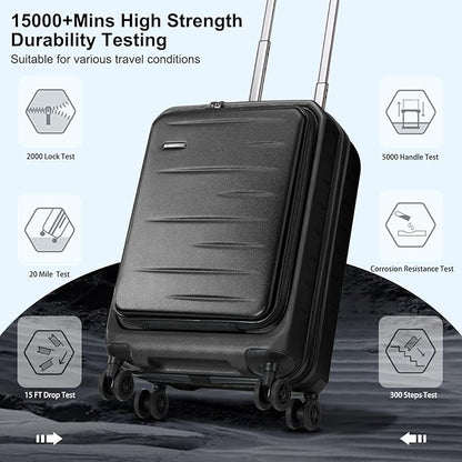 Carry On Luggage 22×14×9 Airline Approved, 20 Inch Lightweight ABS+PC Hard Shell Suitcases with Front Pocket, Spinner Wheels, TSA Lock (Black, 1PC)