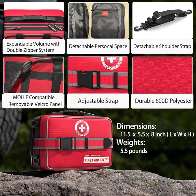 401 Piece First Aid Kit with Chest Seals -Labeled, Expandable & Mountable, Emergency Medical Kit for Home, Car, Camping & Outdoor, Waterproof Trauma Kits with Labeled Compartments
