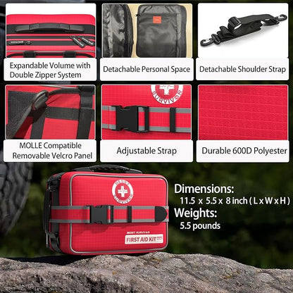 401 Piece First Aid Kit with Chest Seals -Labeled, Expandable & Mountable, Emergency Medical Kit for Home, Car, Camping & Outdoor, Waterproof Trauma Kits with Labeled Compartments