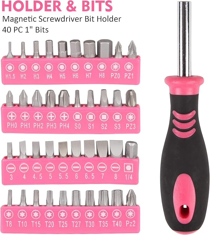 CARTMAN 52-Piece Tool Set Hand Tool Set with Easy Carrying Round Pouch - Perfect for DIY Pink