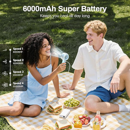 Misting Portable Handheld Fan, Powerful Turbo Motor, 6000mAh Rechargeable Battery, Personal Mini Fans with 4 Strong Wind, Cooling Gadgets for Travel, Camping, Beach, Outdoor, Gifts for Women Men-Blue