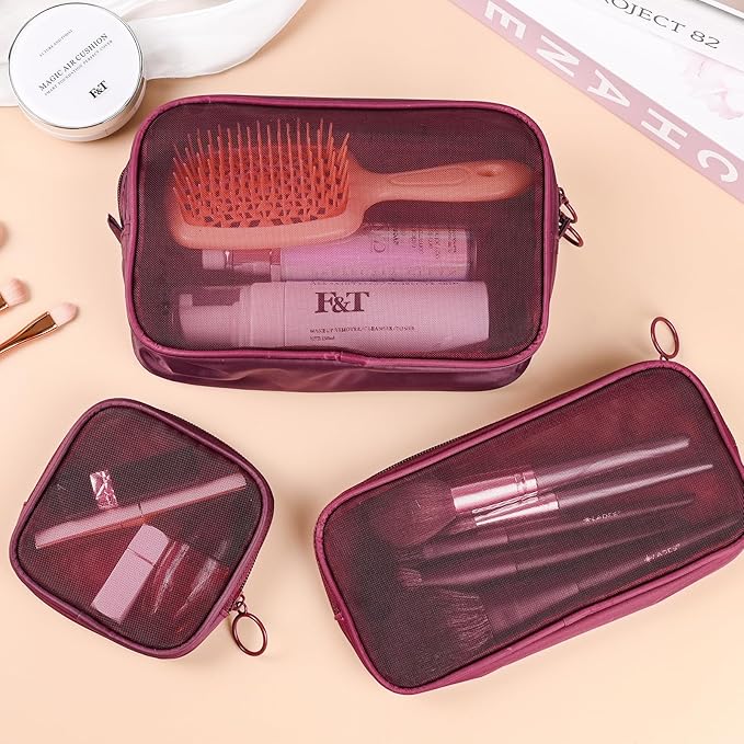 8 Pcs Mesh Makeup Bag Nylon Zipper Pouch Clear Small Mesh Bags Travel Toiletry Bag Makeup Brush Holder Purse Organizer Pouches (Wine Red, Small, Large, Medium)