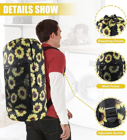 Laundry Bag Backpack, Extra Large Travel Laundry Bag with Mesh Pocket & Adjustable Shoulder Straps,Dirty Clothes Travel Bag for College Students Dorm,Apartment(Sunflower)