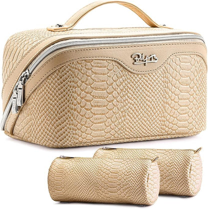 BOYATU Travel Makeup Bags for Women: 3 Pcs Set Wide Open Cosmetic Bag - Portable Make up Bags with Handle - Vegan Leather Toiletry Organizer Bag with Divider (G-04-Beige)
