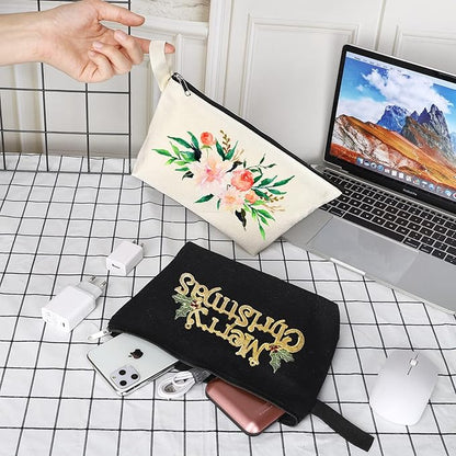 10 Pieces Cotton Canvas Makeup Bag with Bottom, Multi-Purpose Cosmetic Bag with Zipper Travel Toiletry Pouch, Blank DIY Craft Bag Pencil Bag (M, Black), MN-WB07