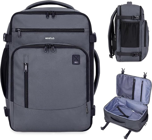 ECOHUB 17" Small Travel Backpack, United Airlines Personal Item Bag 17x10x9 with 16 Pockets, Water Resistant Rucksacks Fit 15.6" Laptop, AirTag Pocket, Lightweight Casual Daypack, 25L, Grey Green