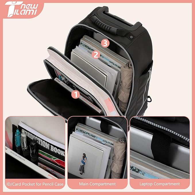 NEW TILAMI 19 Inch Rolling Backpack 360°rotating Universal Wheel, Large Organizer Compartments, Adjustable Handle, Carry on for School Students Business Travel, Pink Mountain Forest