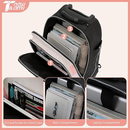 NEW TILAMI 19 Inch Rolling Backpack 360°rotating Universal Wheel, Large Organizer Compartments, Adjustable Handle, Carry on for School Students Business Travel, Pink Mountain Forest
