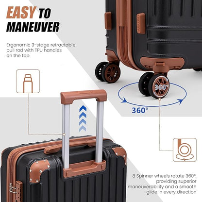 KUNEL Expandable 5 Piece Luggage Sets with Detachable Spinner Wheels and TSA Lock, Unisex Hardside ABS Suitcase Set, Hardshell Lightweight Waterproof Travel Hard Case Suitcases with Wheels, Black