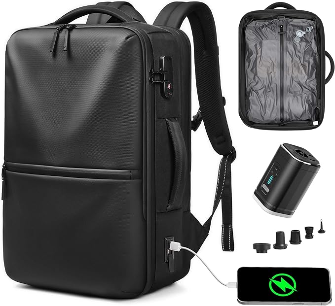 70L Vacuum Backpack Travel with Pump, Charging Port and TSA Lock, Expandable Vacuum Seal Compression Travel Backpack for 19" Laptop, Airline Approved