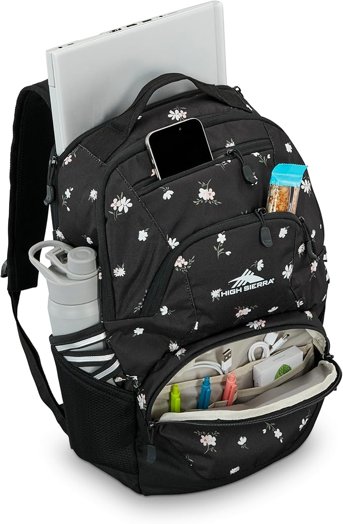High Sierra Swoop SG Backpack, Travel or Work Laptop Bookbag with Drop Protection Pocket, and Tablet Sleeve, One Size, Floral/Black