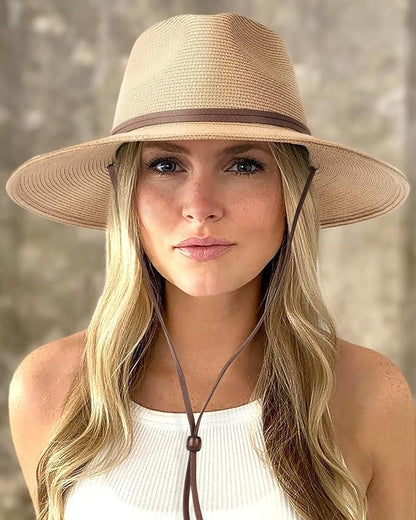 FURTALK Womens Summer Straw Sun Hats Wide Brim Panama Fedora Beach Hat with Wind Lanyard UPF 80+