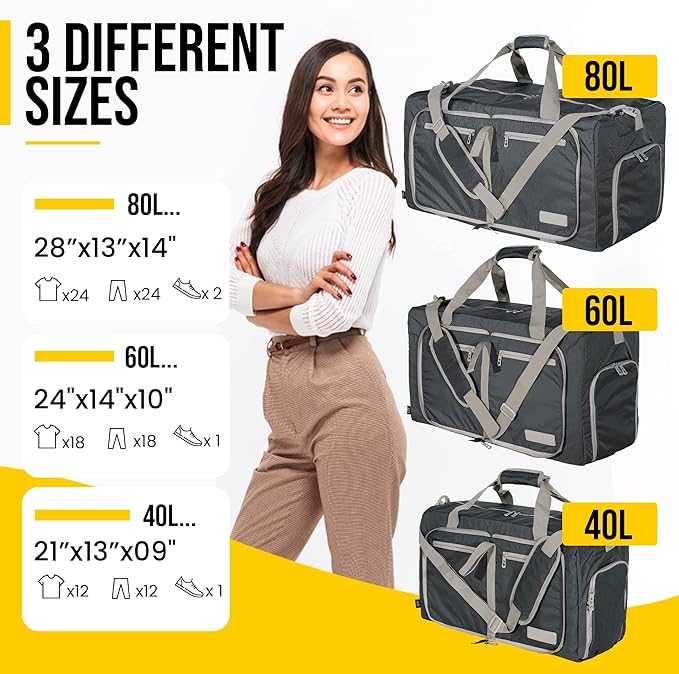 LEGEND 40L Foldable Duffle Bag for Travel - Packable Duffle Bags w/Shoe Compartment - Tear Resistant Collapsible Duffel Bags for Traveling - Lightweight Folding Duffel Bag for Men & Women -Dark Gray