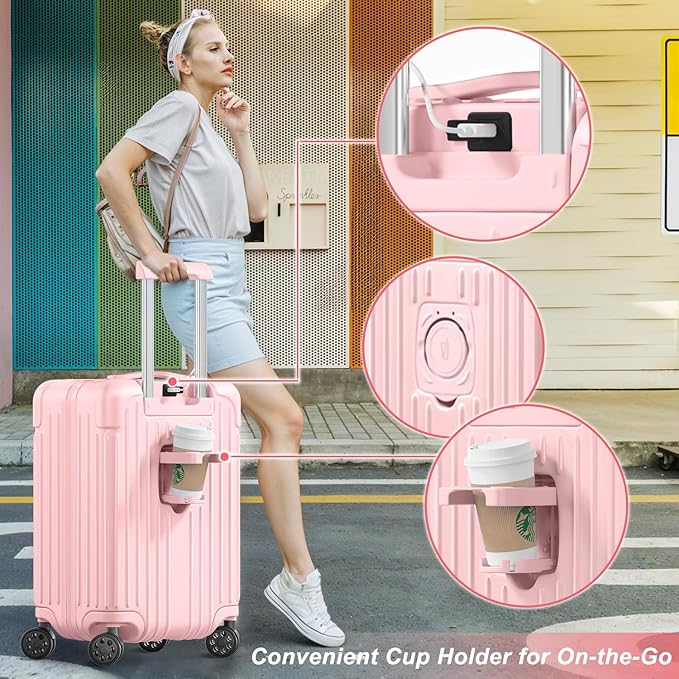 Krute Luggage Sets 2 Piece Suitcase with Cup Holder PC+ABS Hardside Charging Port Luggages TSA Approved Suitcase Set 20+28 Inch