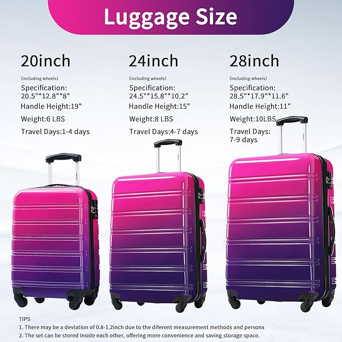 Merax Luggage Sets 3 Piece, Hardside Expandable Suitcase Set with Spinner Wheels, Lightweight Gradient 20+24+28 IN Suitcase with Carry on Luggage, Purple and Pink