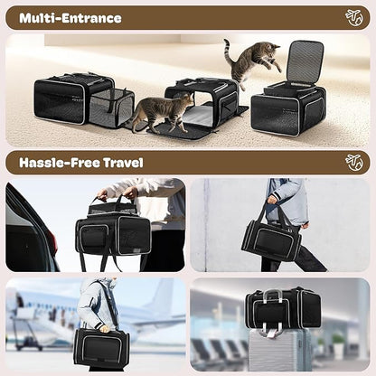 Top and 2 Sides Expandable Large Cat Carrier 18x13.5x9.5, TSA Airline Approved Dog Carriers for Large Dogs, Soft-Sided Pet Carrier with Self-Locking Zippers for Kitten,Rabbit,Puppy, Black White