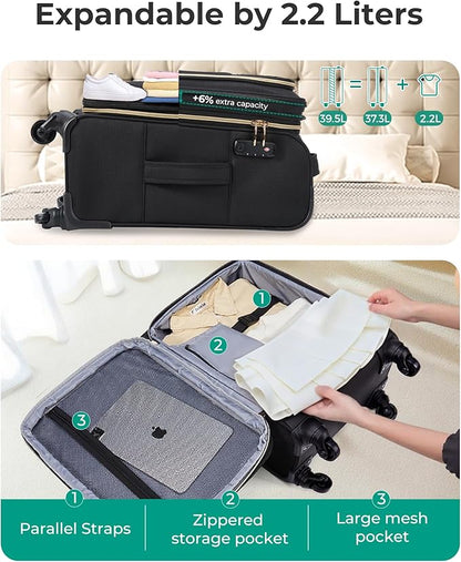 BAGSMART Carry On Luggage 20 Inch,Softside Expandable Suitcase with Spinner Wheels, Luggage 22x14x9 Airline Approved Rolling Lightweight Suitcases for Women Men, Compact Carry-On (Black)