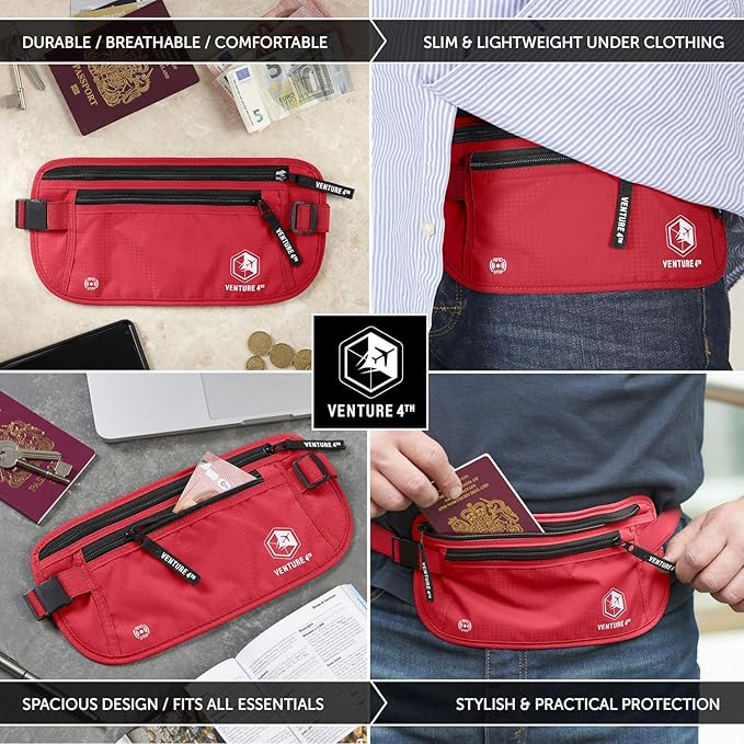 VENTURE 4TH Money Belt for Travel – Hidden Under-Clothes RFID Blocking Passport Holder & Slim Travel Wallet Pouch for Men & Women to Protect Cash, Cards & Documents (Red)