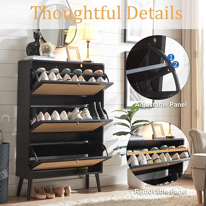 Rattan Shoe Cabinet with 3 Flip Drawers, 24 Pairs Narrow Shoe Storage Cabinet for Entryway Freestanding Hidden Shoe Rack, Modern Slim Wood Shoe Organizer for Hallway, Black