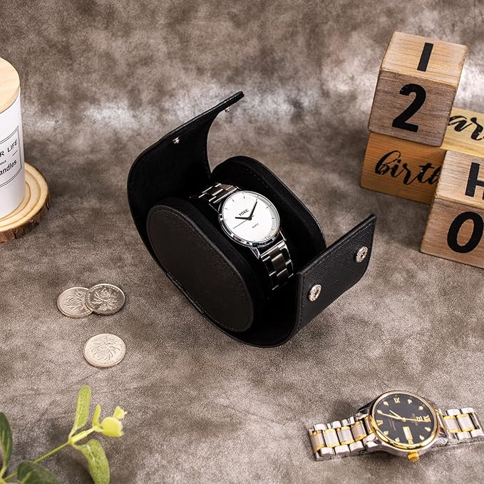 SANQIANWAN Single Travel Storage Watch Roll Portable PU Leather Watch Case Box for Men with Button Style Removable Watch Pillow Watch Display Roll (Black)