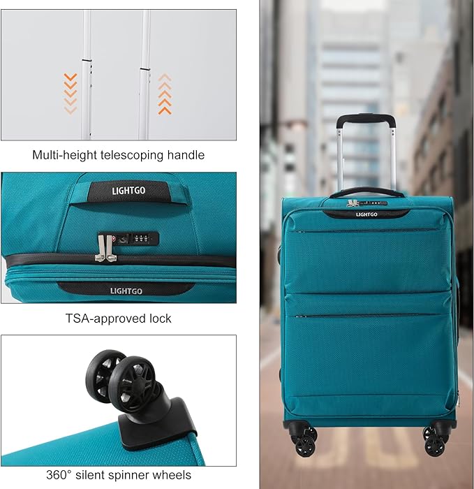 LIGHTGO Lightweight Softside Luggage,20inch Carry on, Water-Resistant, TSA Approved Lock, Spinner Wheel, Turquoise, 20inch