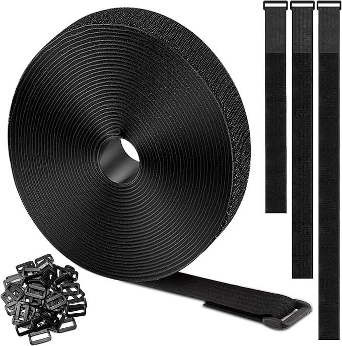 20Ft x 1" Adjustable Cable Straps with 30 Buckles, Hook and Loop Straps, Reusable Nylon Cable Ties for Cord Organiser, Organizer, Cable Tidy, Free Cut Length, Black