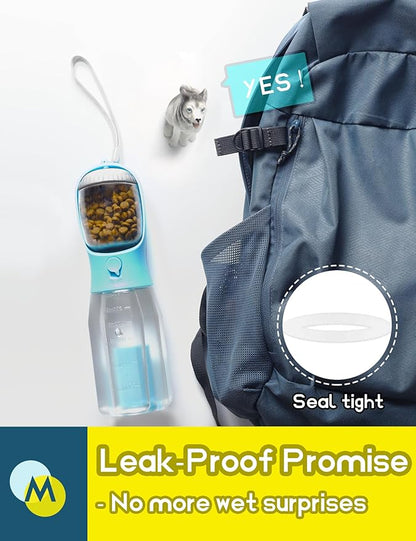 Portable Water Bottle for Small Dogs, 3 in 1 Pet Travel Bowl Dispenser with Food Treat Container & Poop Bag Holder, Summer Walking Hiking Accessories for Puppy On The Go - Blue, 10oz