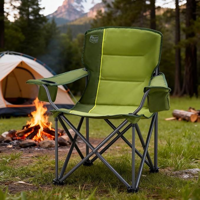 TIMBER RIDGE Oversized Folding Camping Chair for Adults, Support 550 LBS Heavy Duty with Cup Holder Side Pocket for Camping, Lawn, Picnic, Green