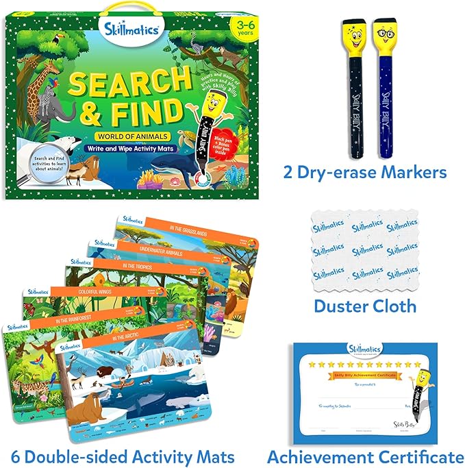 Skillmatics Search and Find Animals Educational Game - Reusable Preschool Learning Activities, Perfect for Toddlers & Kids Who Love Toys, Art & Crafts, Builds Vocabulary, Gifts for Ages 3, 4, 5, 6