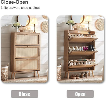 Rattan Shoe Cabinet with 3 Flip Drawers, 48 Pairs Narrow Shoe Storage Cabinet for Entryway Freestanding Hidden Shoe Rack, Modern Slim Wood Shoe Organizer for Hallway, Natural