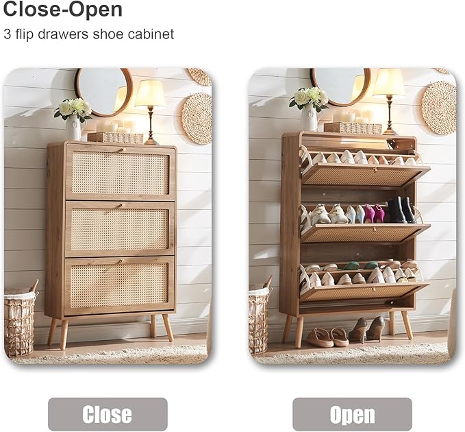 Rattan Shoe Cabinet with 3 Flip Drawers, 24 Pairs Narrow Shoe Storage Cabinet for Entryway Freestanding Hidden Shoe Rack, Modern Slim Wood Shoe Organizer for Hallway, Natural
