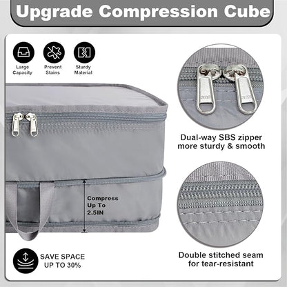 Extra Large Compression Packing Cubes for Travel Essentials, 2 Pack Expandable Travel Cubes for Packing Bags Suitcase Organizer, Grey