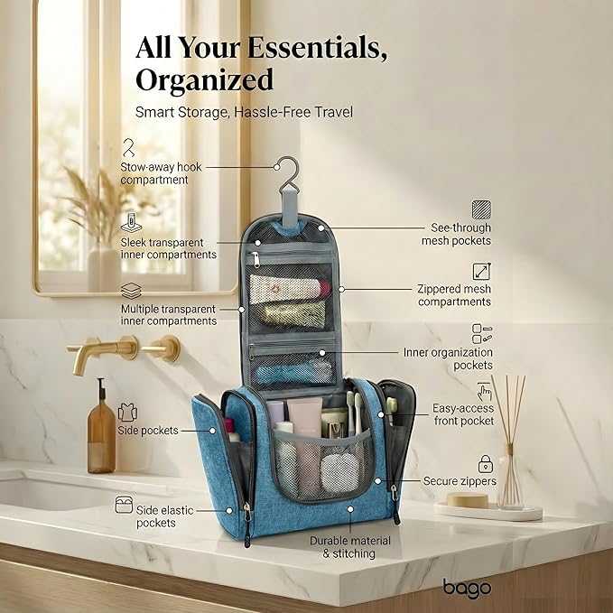 Bago Travel Toiletry Bag for Women and Men - Large Waterproof Hanging Large Toiletry Bag for Bathroom and Travel Bag for Toiletries Organizer -Travel Makeup Bag (SnowBlue)