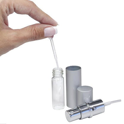L'AUTRE PEAU Refillable Perfume & Cologne Fine Mist Atomizers with Metallic Exterior & Glass Interior - 5ml Portable Travel Size - 3ml Squeeze Transfer Pipette Included (2 Pack, Silver)