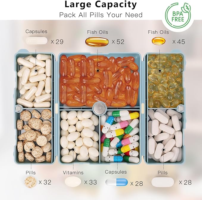 FYY 2 Pcs Daily Pill Organizer, 7 Compartments Portable Pill Case Travel Pill Organizer,[Folding Design] Pill Box for Purse Pocket to Hold Vitamins,Cod Liver Oil,Supplements and Medication-Blue