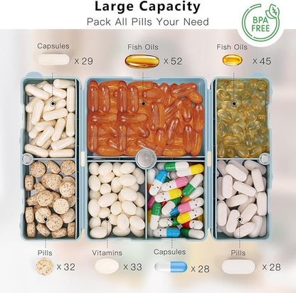 FYY 2 Pcs Daily Pill Organizer, 7 Compartments Portable Pill Case Travel Pill Organizer,[Folding Design] Pill Box for Purse Pocket to Hold Vitamins,Cod Liver Oil,Supplements and Medication-Blue