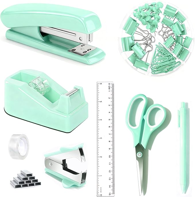 Green Office Supplies, Teal Desk Accessories Accessories with Tape Dispenser, Stapler, Staple Remover, 1000 Staples, Tape, Clips Set, Ruler, Scissor, Pen