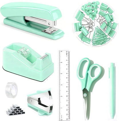 Green Office Supplies, Teal Desk Accessories Accessories with Tape Dispenser, Stapler, Staple Remover, 1000 Staples, Tape, Clips Set, Ruler, Scissor, Pen