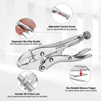 WORKPRO Locking Pliers, 4-inch Mini Curved Jaw Vice Grips pliers, Chromium-Vanadium Steel Locking Pliers with Wire Cutter, Locking Adjustable Vise Grips for Clamping Twisting Welding