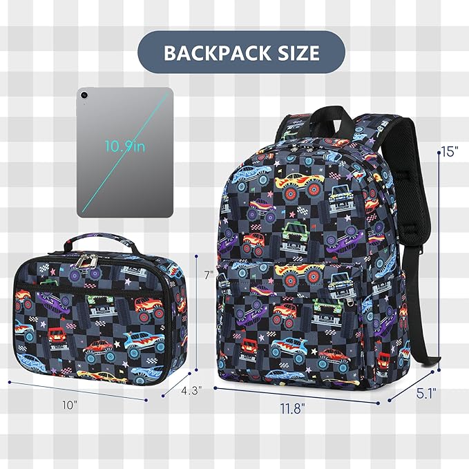CAMTOP Backpack for Kids, Boys Girls Preschool Backpacks with Lunch Box Toddler Kindergarten School Bookbag Set (Vehicle Black Check)