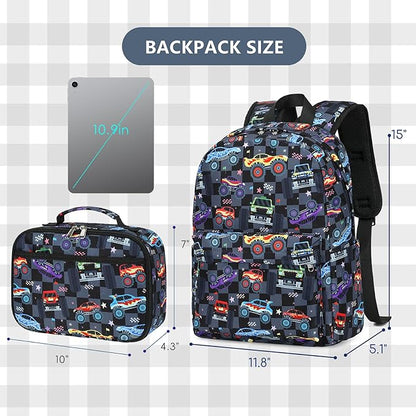 CAMTOP Backpack for Kids, Boys Girls Preschool Backpacks with Lunch Box Toddler Kindergarten School Bookbag Set (Vehicle Black Check)