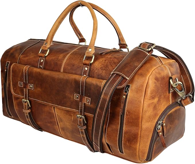 KomalC Leather Duffle Bags for Men and Women Travel Overnight Weekend sports bag holdall Gym Duffel for Men (Distressed Tan, 28 Inch)