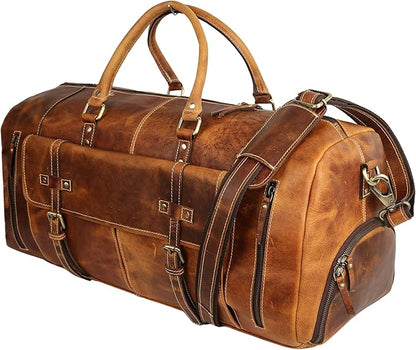 KomalC 24 Inch Leather Duffle Bags for Men and Women Travel Overnight Weekend Bag Sports Gym Duffel for Men (Tan with Shoe pocket)