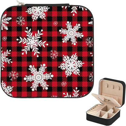 Travel Jewelry Case, Christmas Red Black Plaid Snowflake Jewelry Box With Mirror, Small Portable Display Organizer Storage Box Mini Travel Essentials Gifts For Women Rings Earrings Necklaces Bracelets