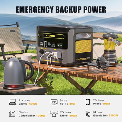 VTOMAN FlashSpeed 1000 Portable Power Station with Jumper Cables, 828Wh LiFePO4 Solar Generator & Car Jump Starter, 1H Fast Charging, 2000W Peak for Home Backup, Camping, Roadside Emergencies