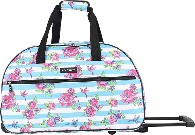 Betsey Johnson Designer Carry On Luggage Collection - Lightweight Pattern 22 Inch Duffel Bag- Weekender Overnight Business Travel Suitcase with 2- Rolling Wheels (Stripe Floral)
