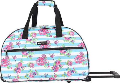 Betsey Johnson Designer Carry On Luggage Collection - Lightweight Pattern 22 Inch Duffel Bag- Weekender Overnight Business Travel Suitcase with 2- Rolling Wheels (Stripe Floral)