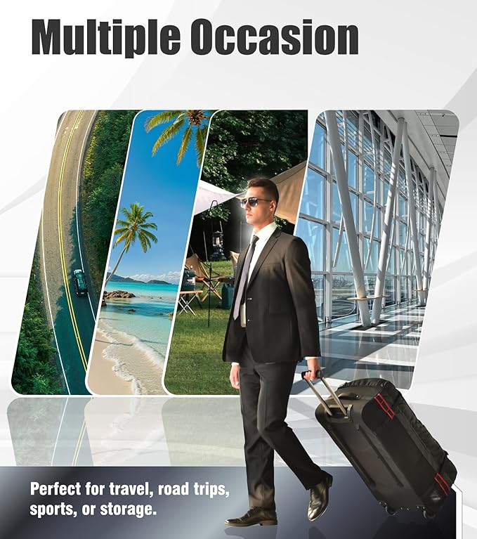 100L Extra Large Rolling Duffel Bag with Wheels and Handle – 33" Heavy-Duty 1600D PVC Checked Luggage for Business Travel and Men’s Week-Long Trips, Foldable Base Design