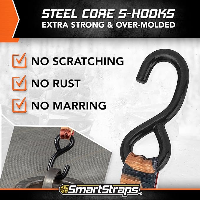 SmartStraps 14’ CamoX Ratchet Straps, 4 Pack – 3,000lbs Break Strength, 1,000lbs Safe Work Load – Premium Duty Tie Downs for Heavier Loads, Orange Camo Webbing